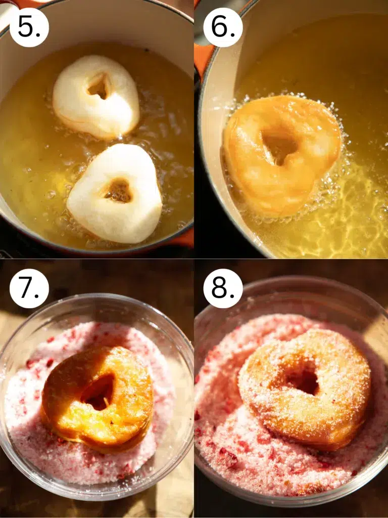 Step-by-step collage showing heart-shaped biscuit donuts frying in oil, turning golden brown, and being coated in strawberry sugar after frying.
