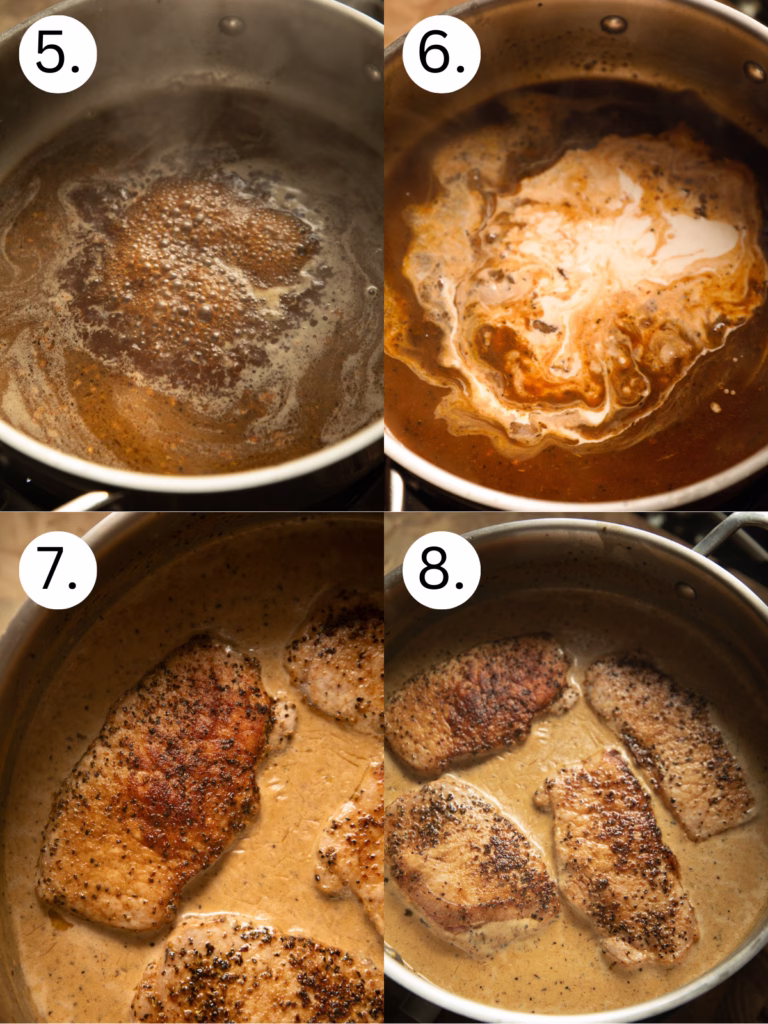 Step-by-step process of making creamy parmesan peppercorn sauce in a skillet with pan drippings, cream, and seasoning.