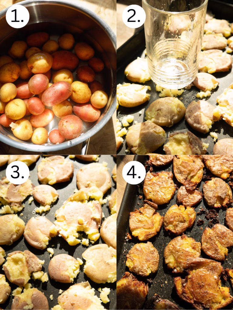 Step-by-step collage showing baby potatoes boiling in salted water, being smashed on a baking sheet, and roasted until golden brown and crispy.