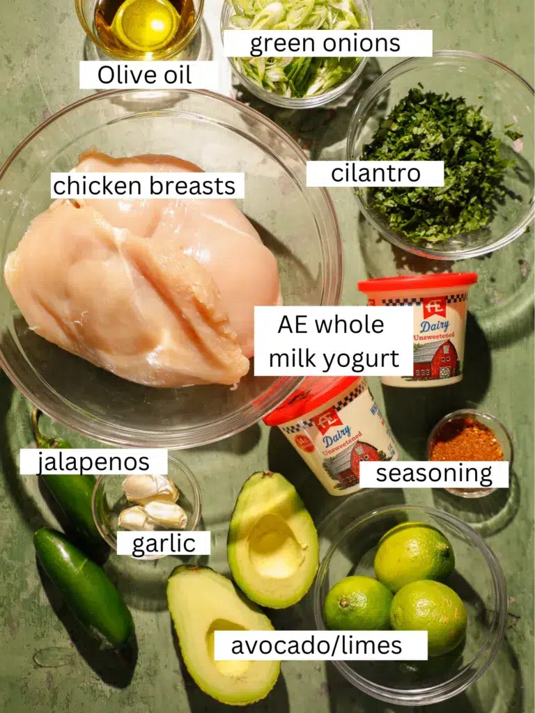 Ingredients for yogurt marinated cilantro lime chicken including chicken breasts, whole milk yogurt, cilantro, jalapeños, garlic, green onions, avocado, limes, olive oil, and seasoning.