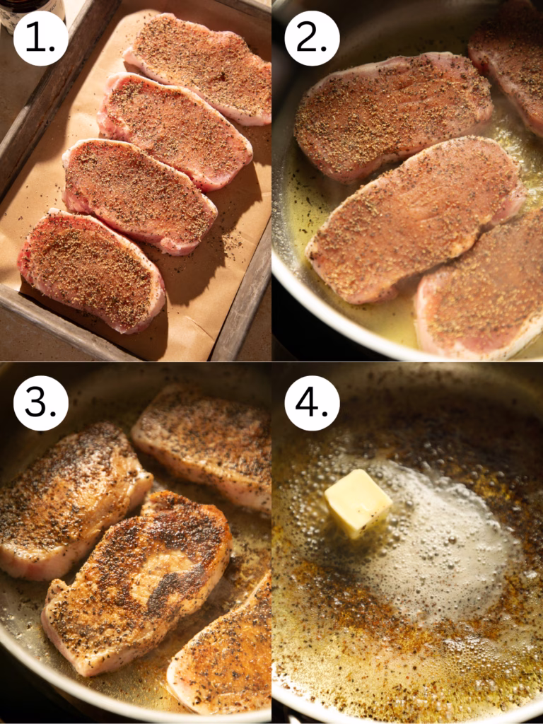 Pork chops coated in peppercorn seasoning being seared in a hot skillet until golden brown.