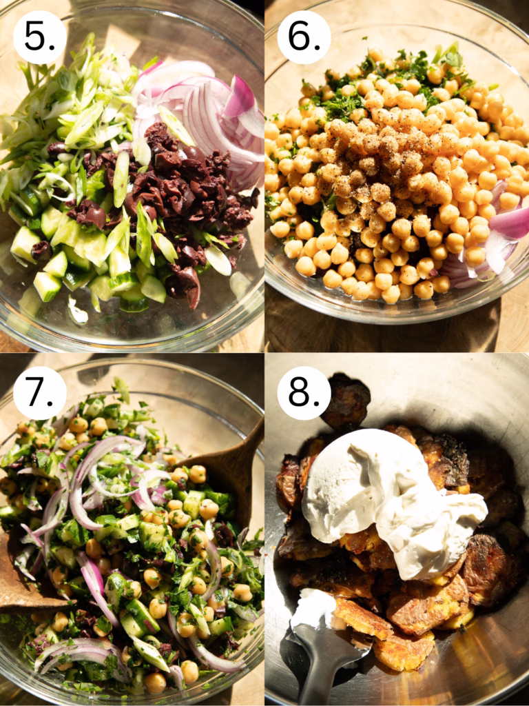 Step-by-step collage showing chopped cucumbers, red onion, olives, herbs, and chickpeas being mixed together, then tossed with crispy smashed potatoes and creamy dressing.