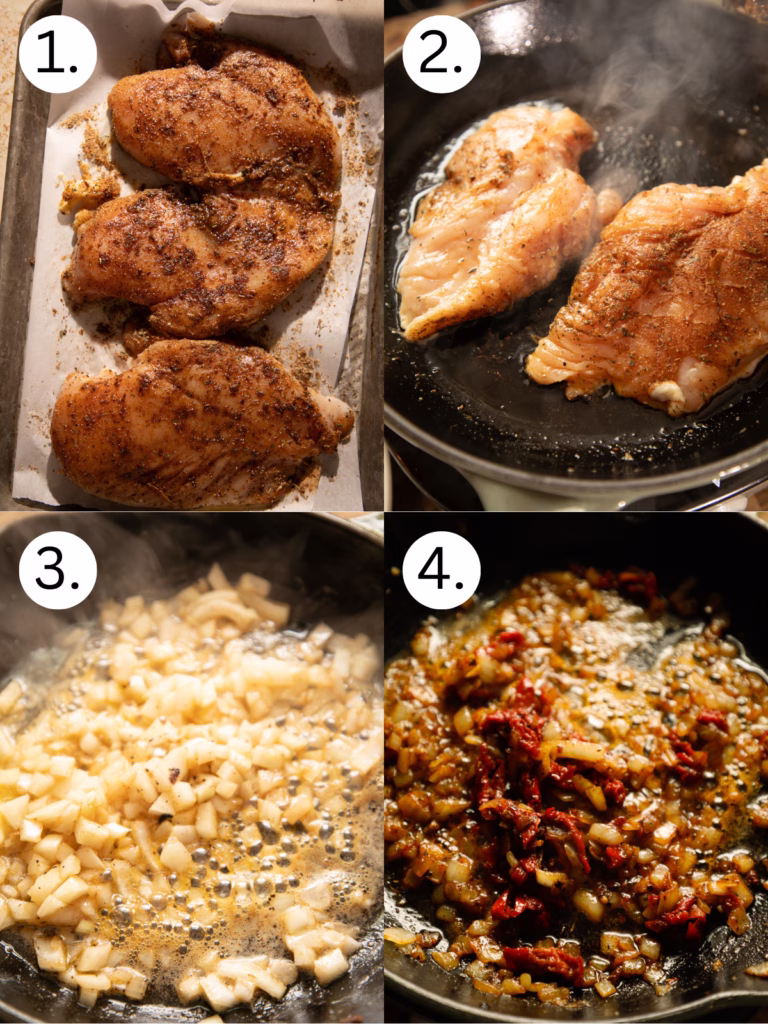 Step-by-step photos showing seasoned chicken cooking and onions and sun-dried tomatoes sautéing for creamy Tuscan chicken pasta.