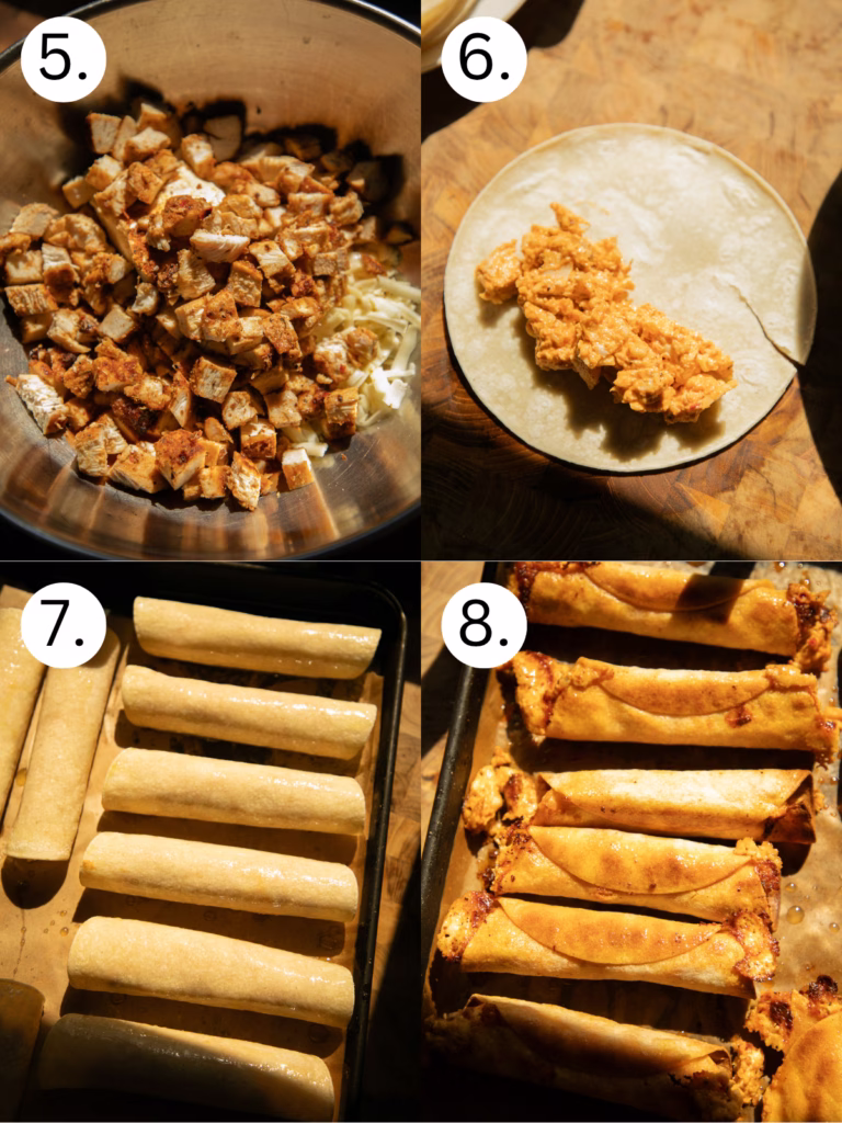 Mixing chopped chicken with cheese and hot sauce and filling corn tortillas for taquitos