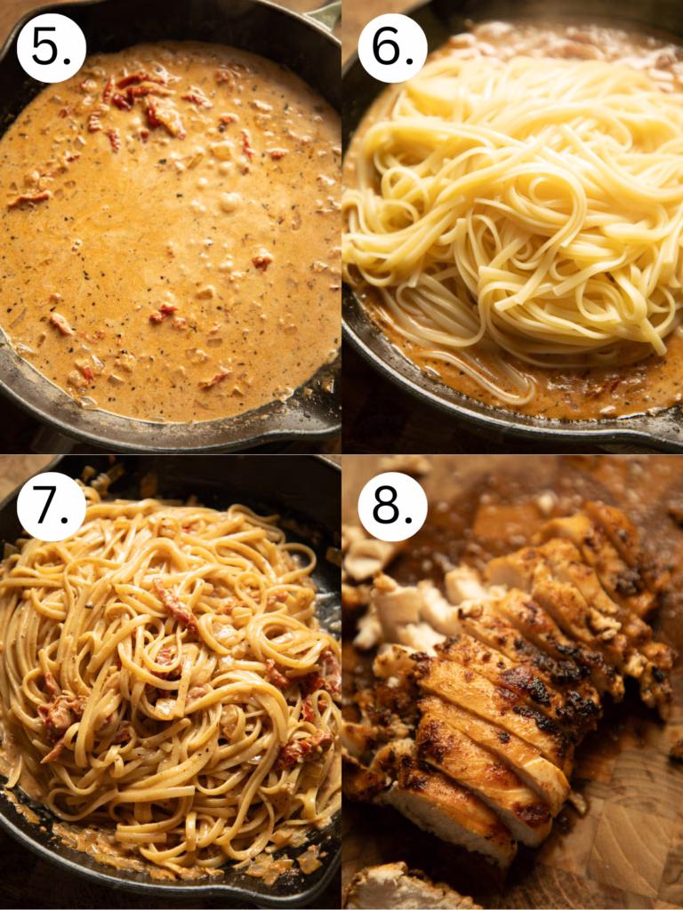 Steps for making creamy Tuscan chicken pasta including cooking the sauce, adding linguine, and slicing seasoned chicken.