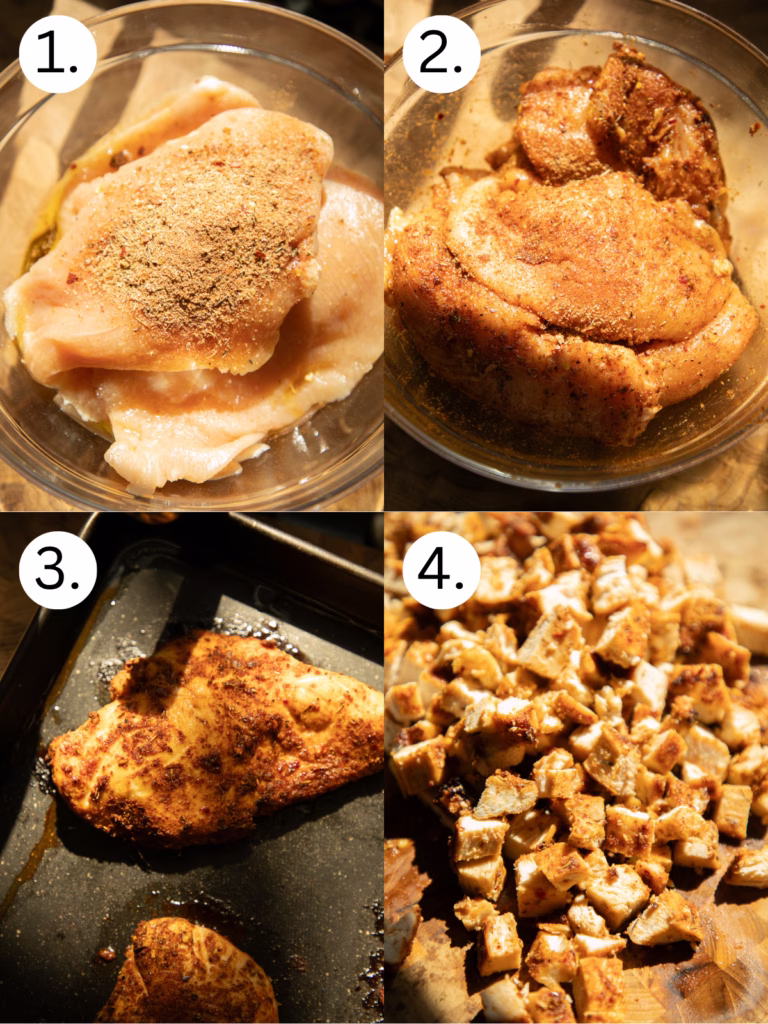 Step-by-step process of seasoning, baking, and chopping chicken for Nashville hot chicken taquitos