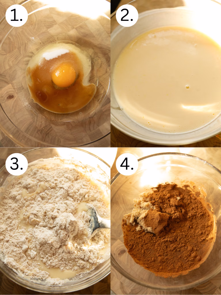 Step-by-step process of mixing cinnamon roll buttermilk pancake batter with wet and dry ingredients and cinnamon sugar mixture