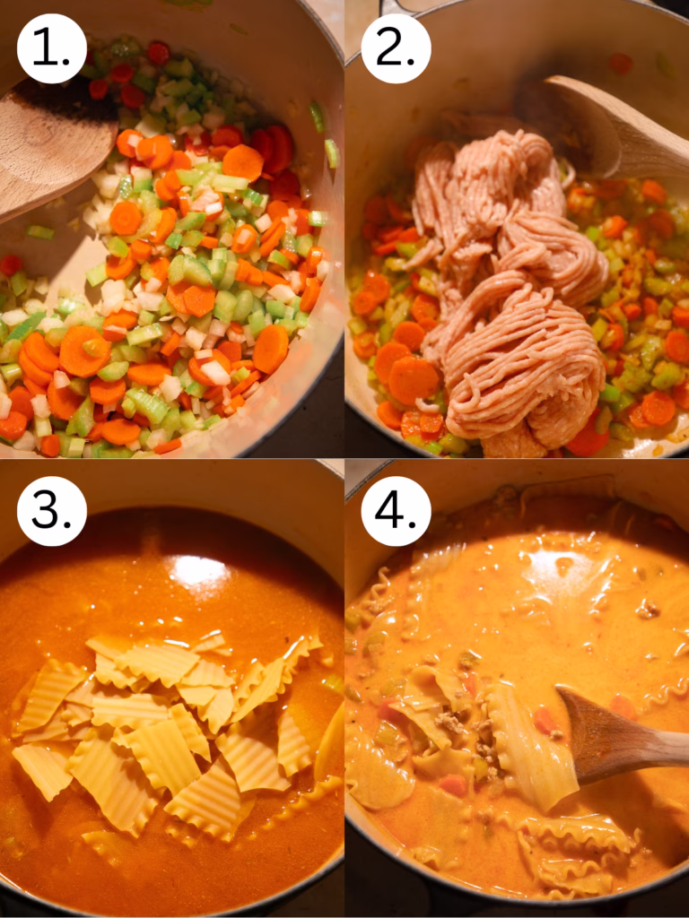 Step by step images showing vegetables sautéing, ground chicken browning, broth and noodles added to the pot, and finished creamy buffalo chicken lasagna soup cooking.