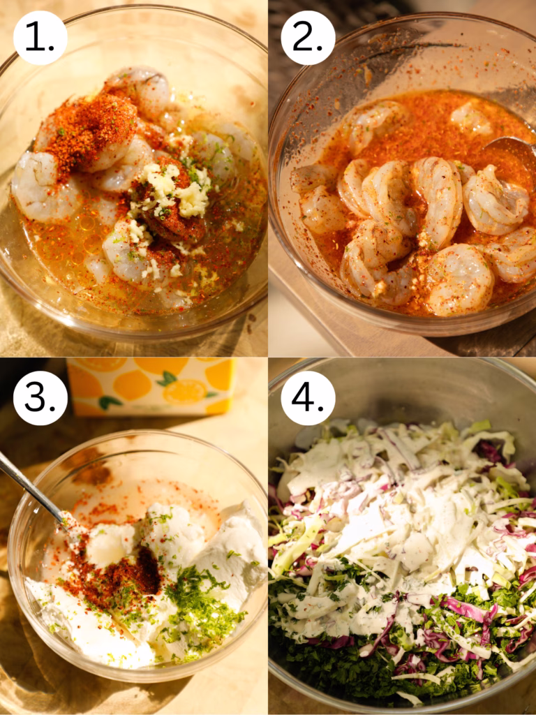 Step-by-step process of marinating shrimp in lemonade with spices and preparing slaw and creamy sauce for shrimp tacos