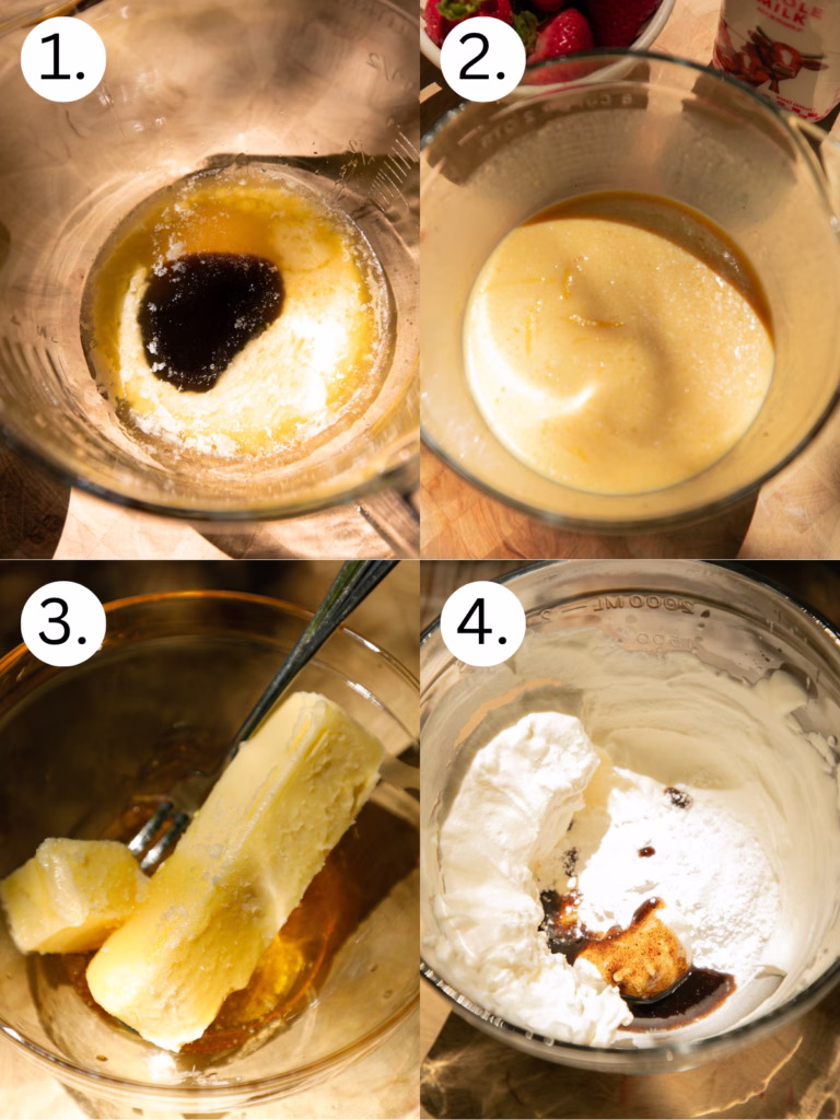 Step-by-step collage showing butter, vanilla, eggs, milk, and flour being mixed together to make a strawberry Dutch baby pancake batter.