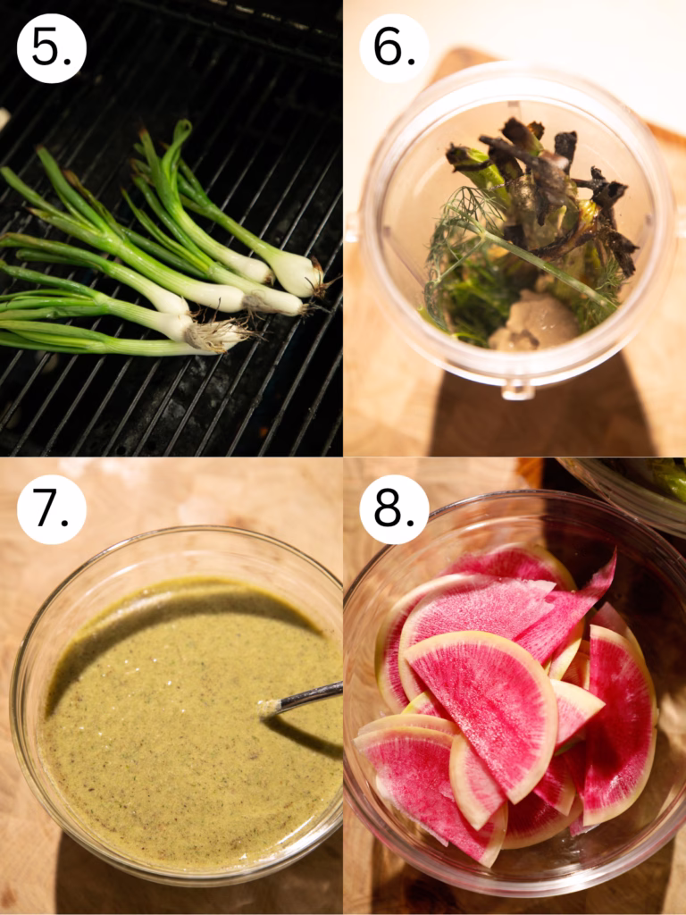 Step-by-step collage showing green onions grilling, ingredients added to a blender, creamy grilled spring onion dressing, and sliced watermelon radishes for a little gem lettuce salad.