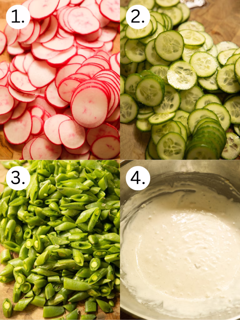Chopped vegetables for salad and dressing in a bowl