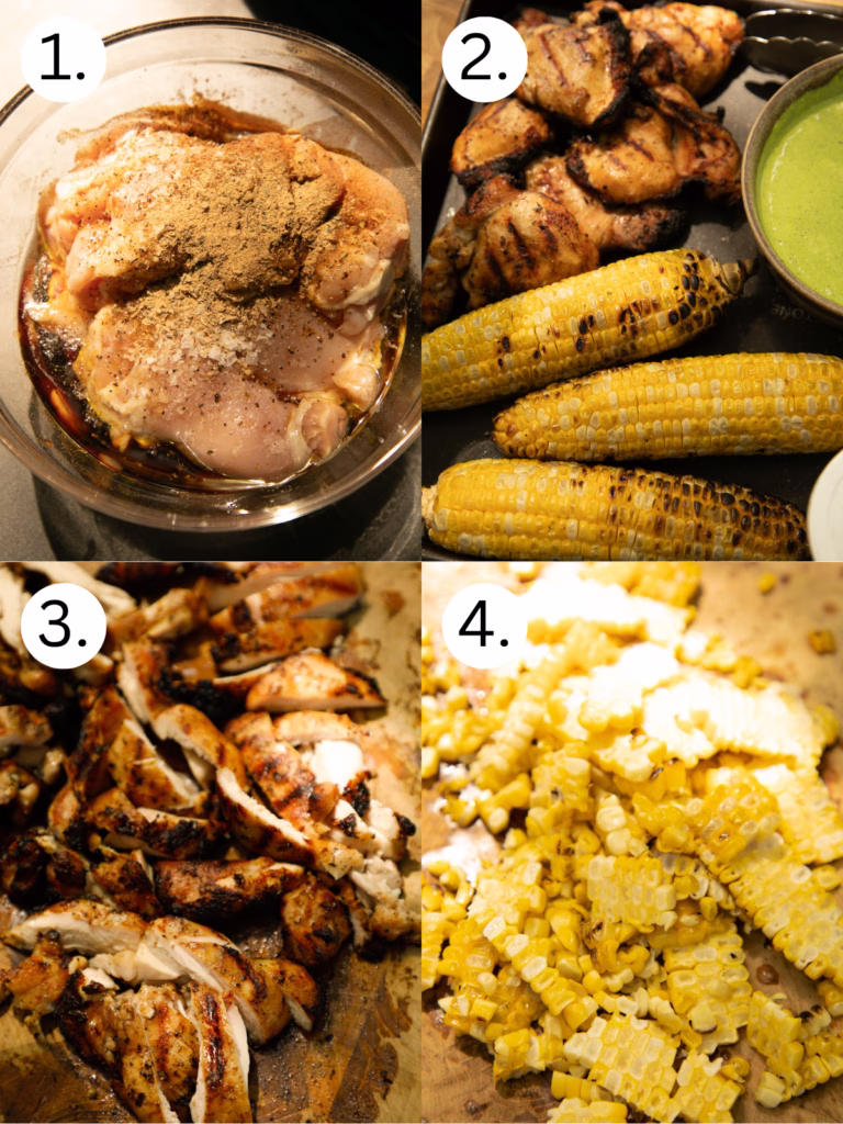Step-by-step collage showing seasoned chicken thighs before grilling, grilled chicken and corn, sliced grilled chicken, and charred corn cut from the cob for Grilled Green Goddess Cobb Salad.
