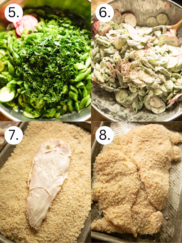 Step-by-step collage showing sliced radishes, cucumbers, chopped snap peas, creamy dressing, mixed salad ingredients, dressed salad, and breaded chicken cutlets before frying.